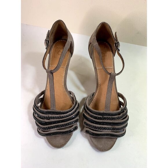 Anthropologie Bacio 61 Taupe Suede Wedge Sandals Chain Strappy - Picture 2 of 10